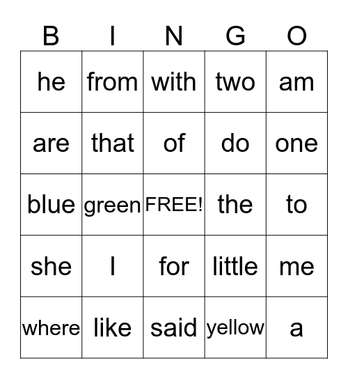 Word Wall Word Bingo Card
