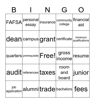 College & Career Term Bingo Card