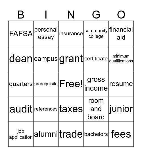 College & Career Term Bingo Card
