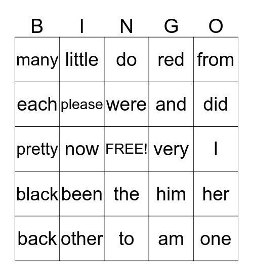 Sight Word Bingo Card