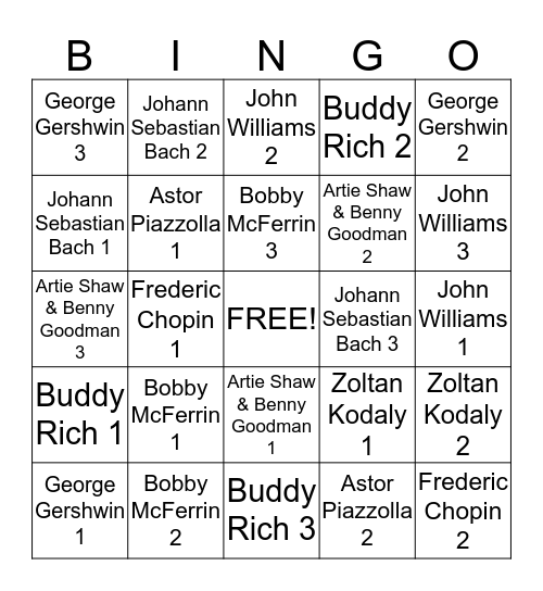 Musician of the Month Bingo Card