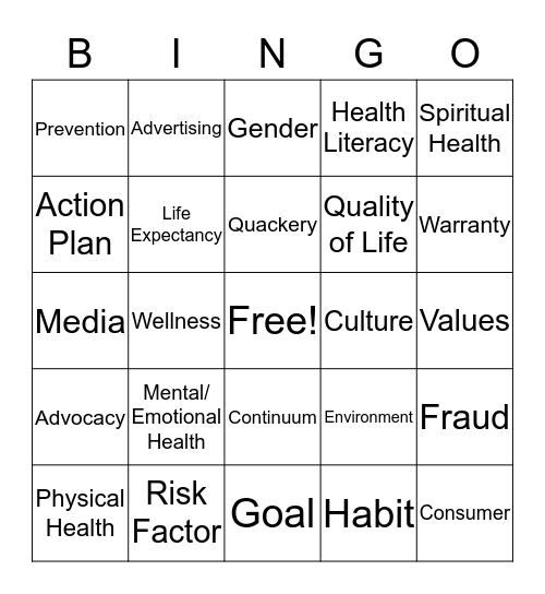 Chapter 1 Health Vocab Bingo Card