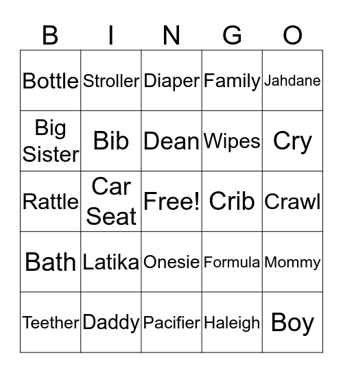 Latika & Dane’s Baby Shower Bingo Card