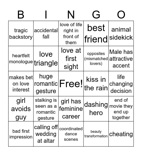 RomCom Bingo Card