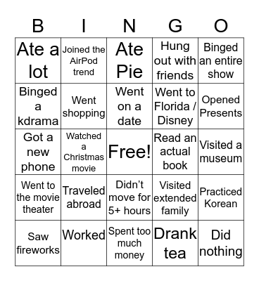 방학에 뭐 했어요? Bingo Card