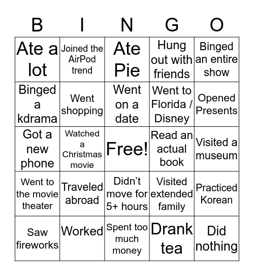방학에 뭐 했어요? Bingo Card