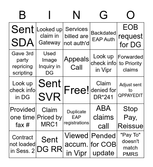 PSC Claims Bingo Card