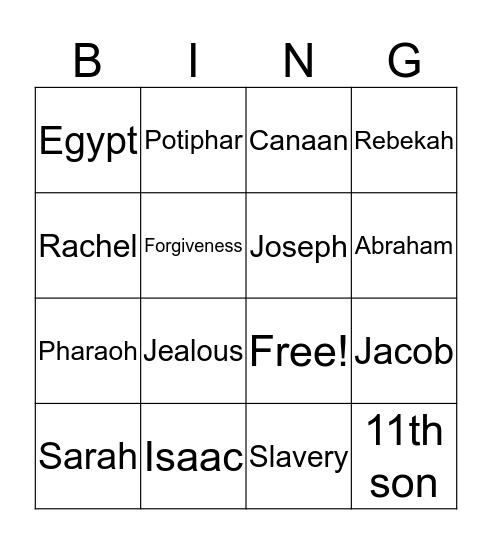 Joseph and forgiveness Bingo Card