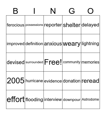 Remembering Hurricane Katrina Bingo Card