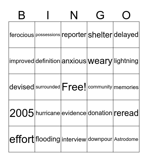 Remembering Hurricane Katrina Bingo Card