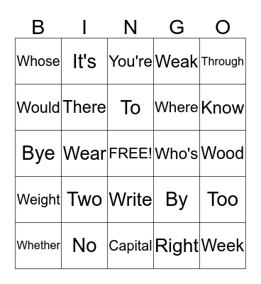 Homophones!! Bingo Card