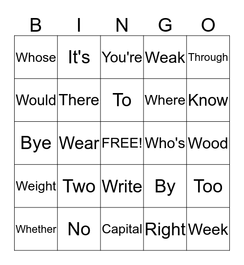 Homophones!! Bingo Card