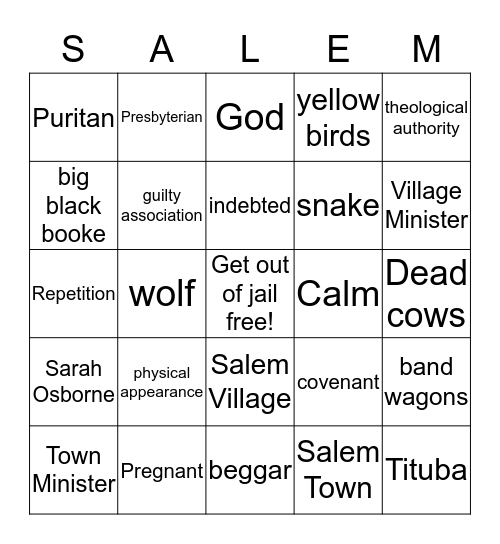 Salem Witch Trials Bingo Card