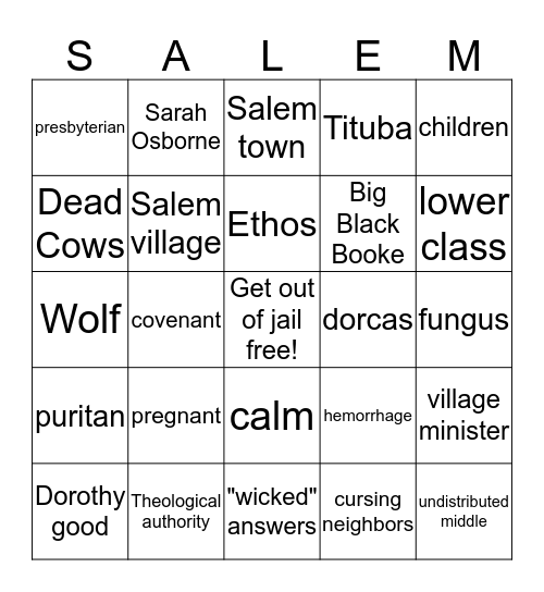 Salem Witch Trials Bingo Card