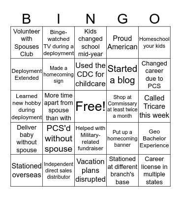 Military Spouse BINGO Card