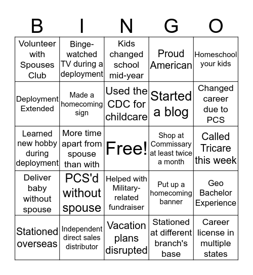 Military Spouse BINGO Card