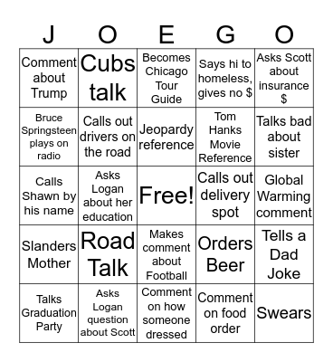 Joe City Bingo Card