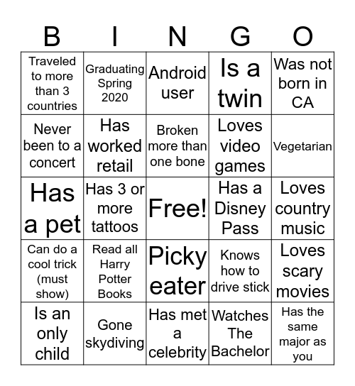UA Human Bingo Card