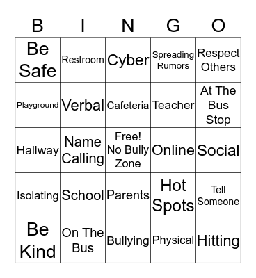 No Bully Zone Bingo Card