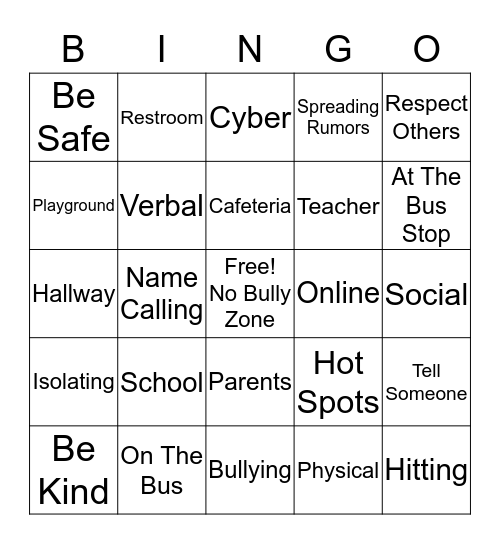 No Bully Zone Bingo Card