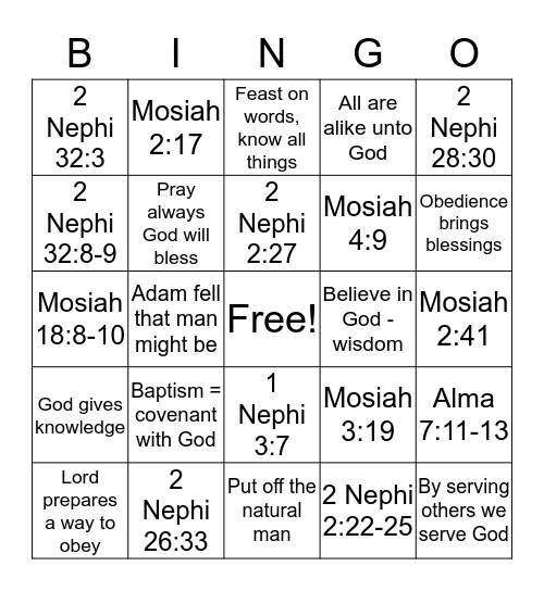 Book of Mormon Bingo Card