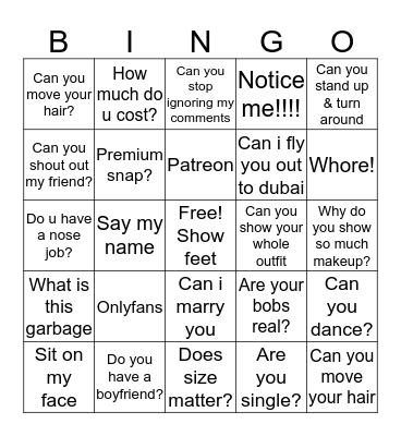 E-girl Bingo Card