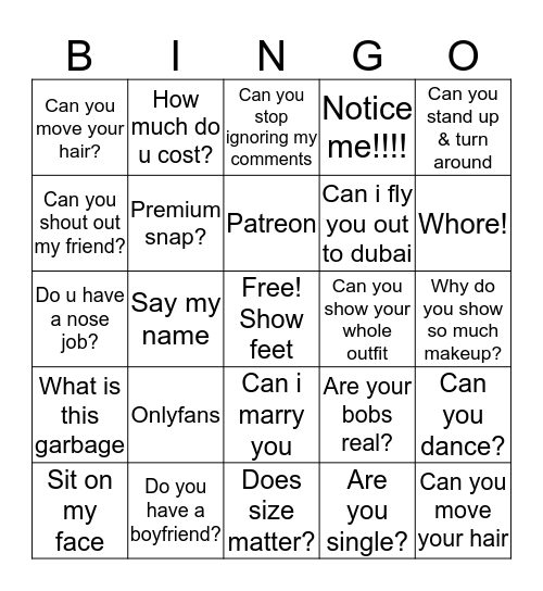 E-girl Bingo Card