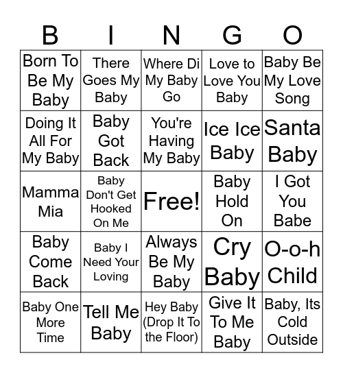 Erin's Baby Music Bingo Card