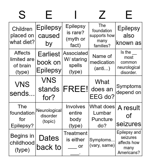 Epilpsy Bingo Card