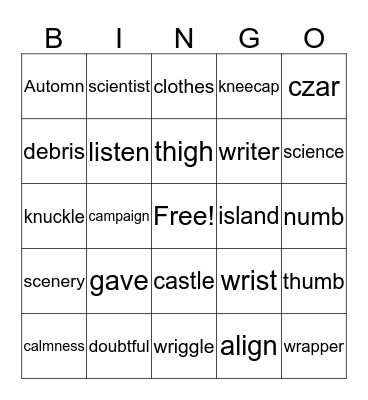 Silent Letter Bingo Card
