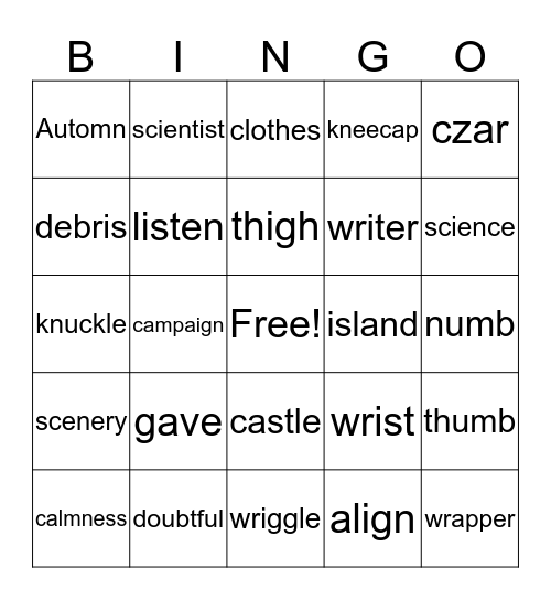 Silent Letter Bingo Card