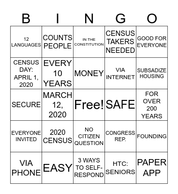 2020 Census Bingo Card