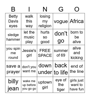 music bingo BEST OF THE 80'S Bingo Card