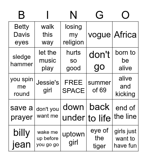 music bingo BEST OF THE 80'S Bingo Card