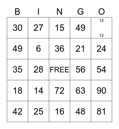 Multiplication Bingo Card
