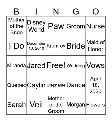 Meghan's Wedding Bingo Card