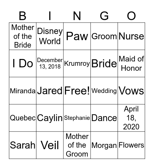 Meghan's Wedding Bingo Card