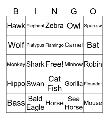 Animal Bingo Card