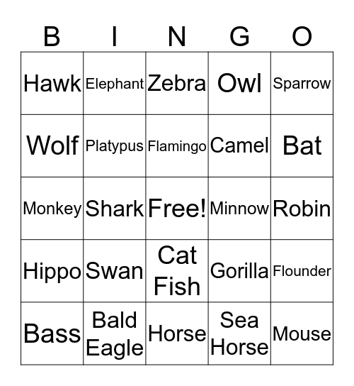 Animal Bingo Card