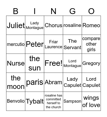 Romeo and Juliet Bingo Card