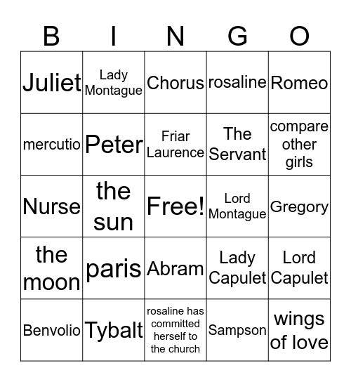 Romeo and Juliet Bingo Card