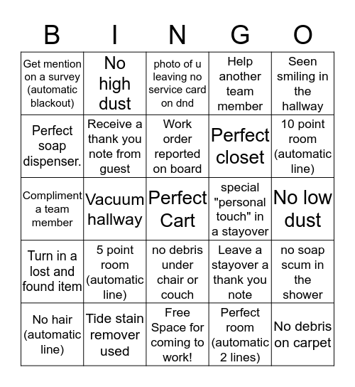 Housekeeping BINGO Card