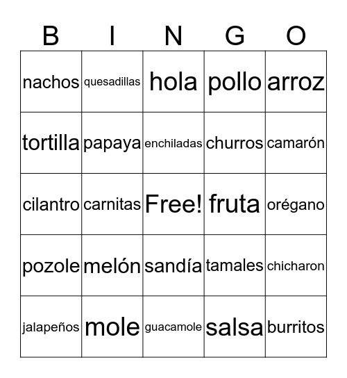El bingo de la Comida mexicana Bingo Card