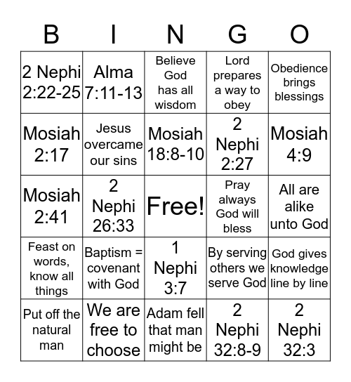 Book of Mormon Bingo Card