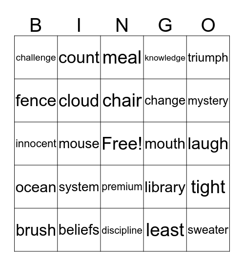 Spelling Words Bingo Card