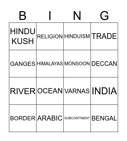 Ancient India Bingo Card