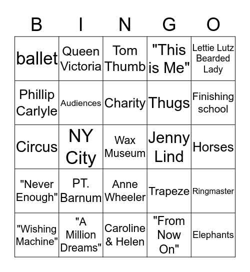 Greatest Showman Bingo Card