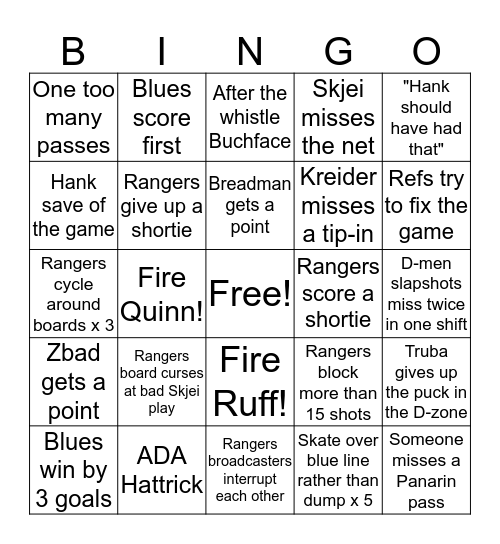 Rangers GDT Bingo 1/11/2020 Bingo Card