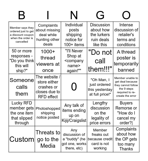RFD Price Error Bingo Card