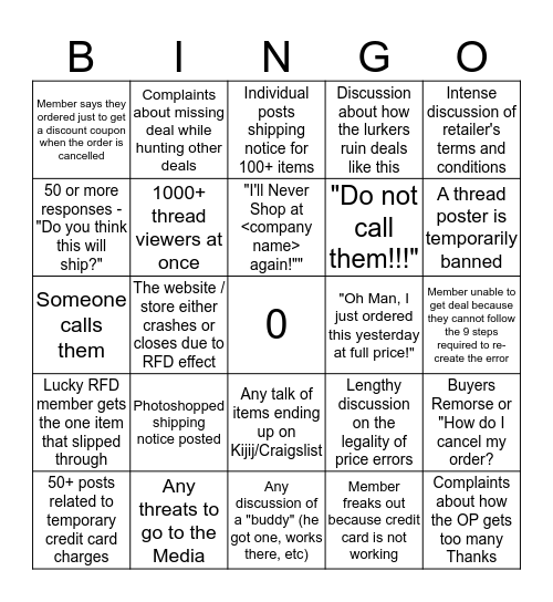 RFD Price Error Bingo Card